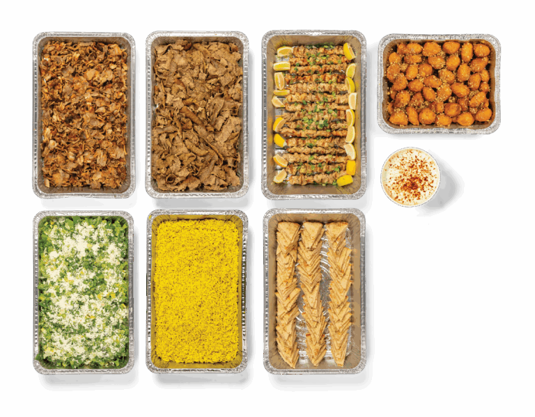 Spartan Greek catering package with three proteins, salad and dessert